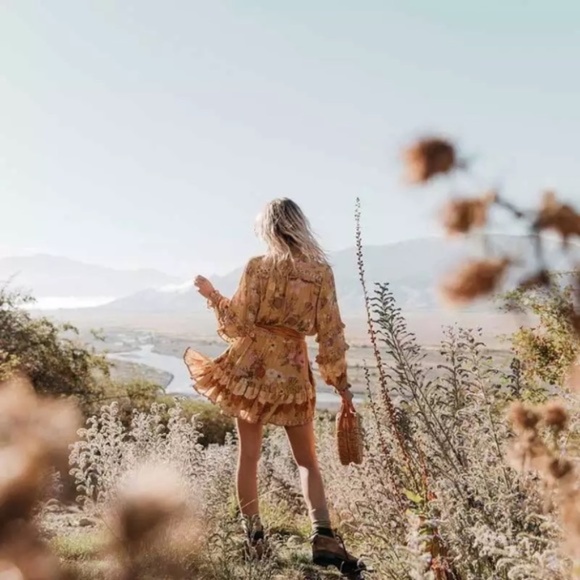 SOLD OUT Golden Floral Ruffle Fall Boho Long Sleeve Dress - Picture 6 of 12